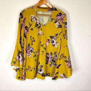 Floral Bell Sleeve Tunic Top Mustard Yellow EUC